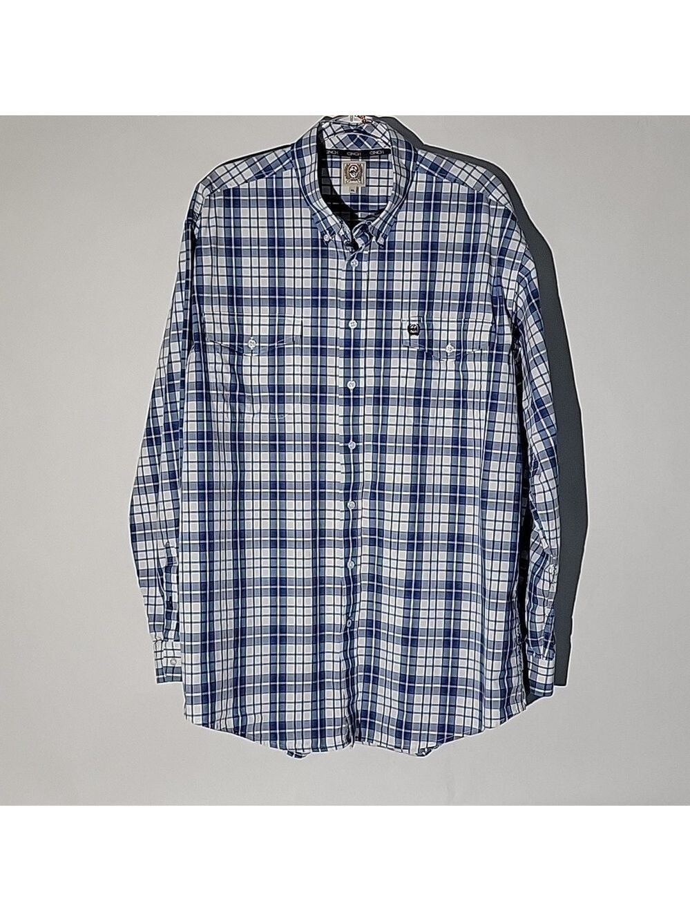 Cinch Men's Long-Sleeved Button-Down Blue/White Plaid Pocketed Shirt, Size XL
